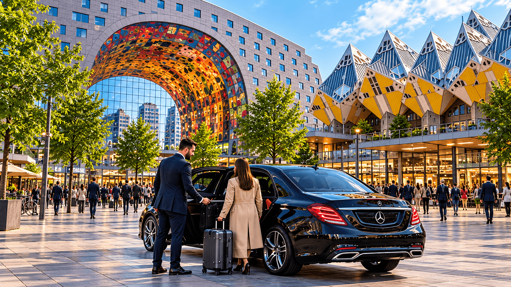 Comfortabele taxi met Rotterdamse skyline